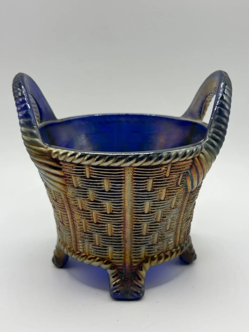 Northwood Antique Bushel Basket Cobalt Blue Carnival Glass Vase Vessel Decor